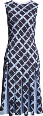 Oscar de la Renta Wavy Plaid Pleated Wool Blend Dress