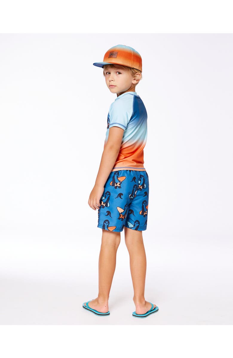 Deux par Deux Little Boy's Printed Swim Trunks Orange Sloths On Navy Blue, Alternate, color, Orange Sloths On Navy Blue