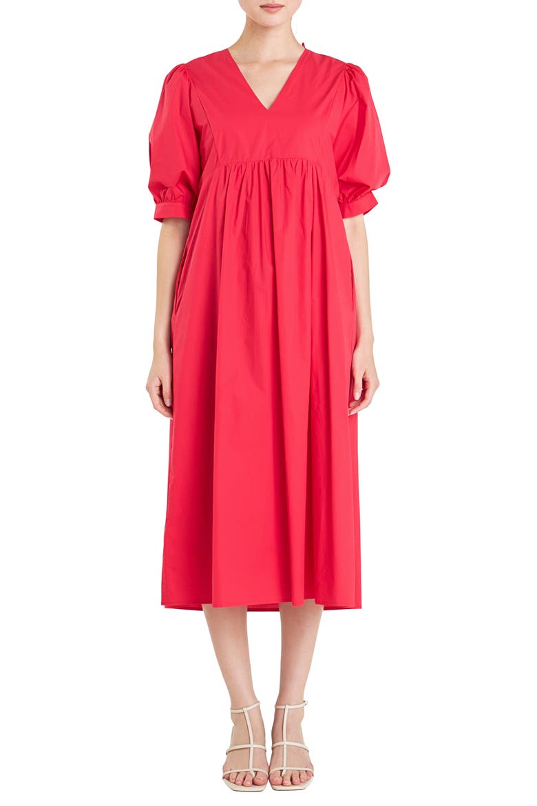 Puff Sleeve Bow Tie Midi Dress, Main, color, RED