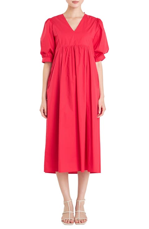 Puff Sleeve Bow Tie Midi Dress