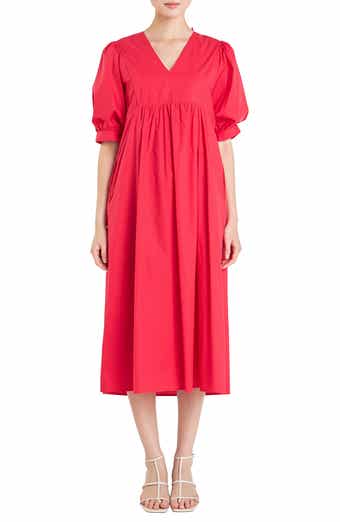English Factory Puff Sleeve Bow Tie Midi Dress