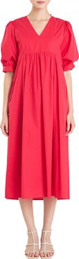 English Factory Puff Sleeve Bow Tie Midi Dress