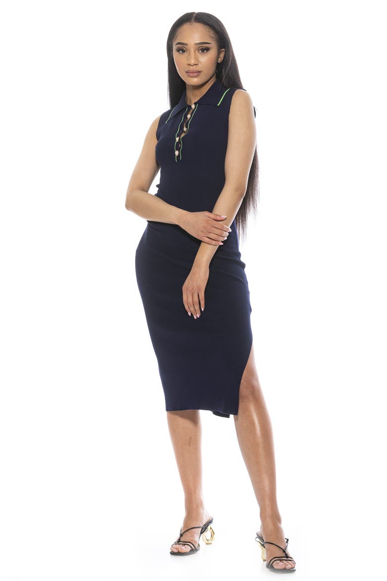 Myah Imitation Pearl Button Knit Midi Dress, Alternate, color, NAVY