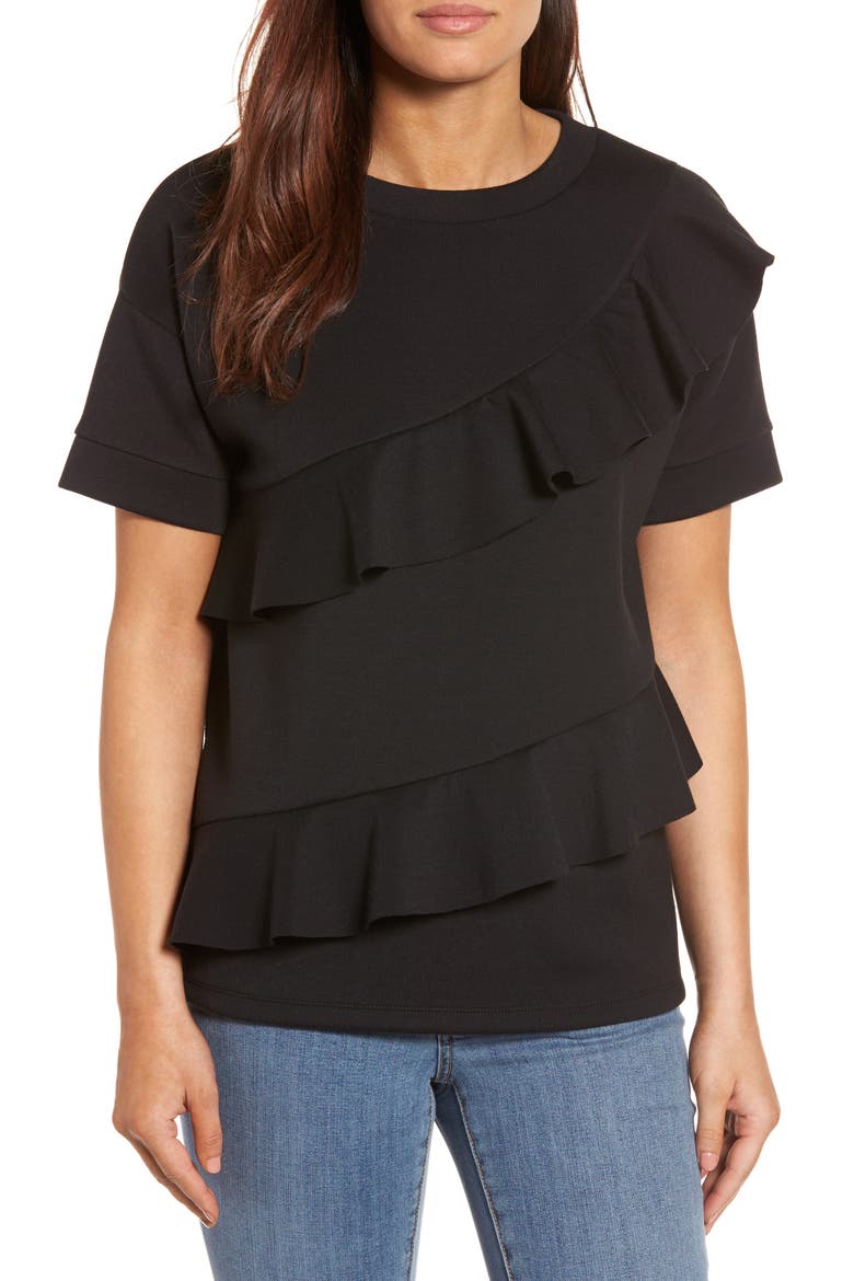 Ruffle Front Neopene Sweatshirt, Main, color, BLACK