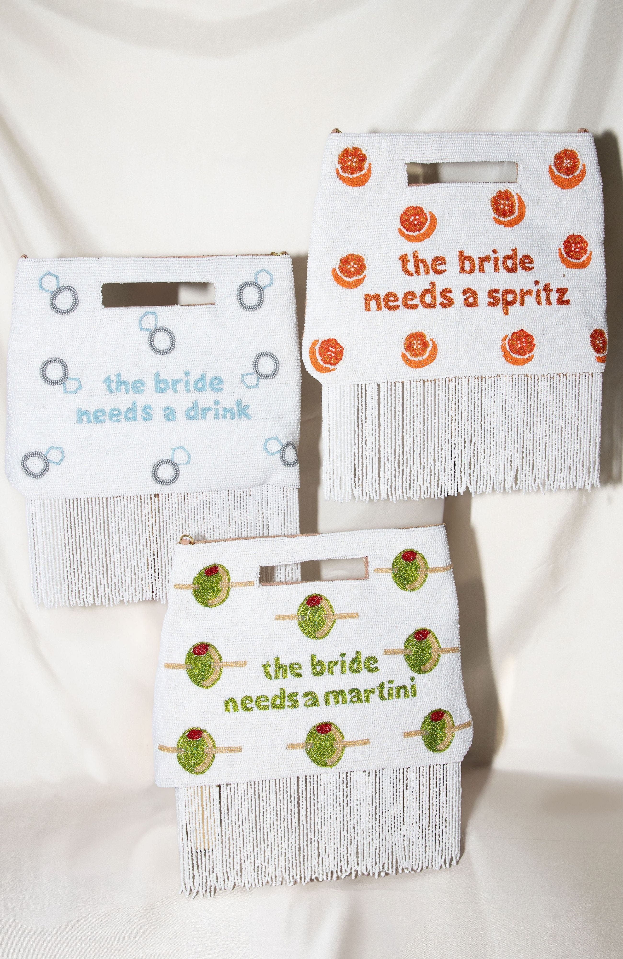 Island to East Side The Bride Needs a Martini Handle Pouch, Fringe, Alternate, color, White