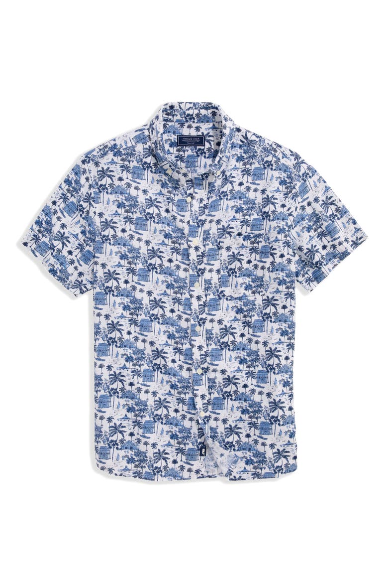 Gasparilla Scenic Print Short Sleeve Linen Blend Button-Down Shirt, Main, color, NAUTICAL NAVY