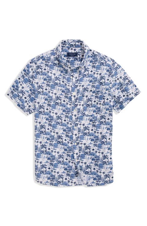 Gasparilla Scenic Print Short Sleeve Linen Blend Button-Down Shirt