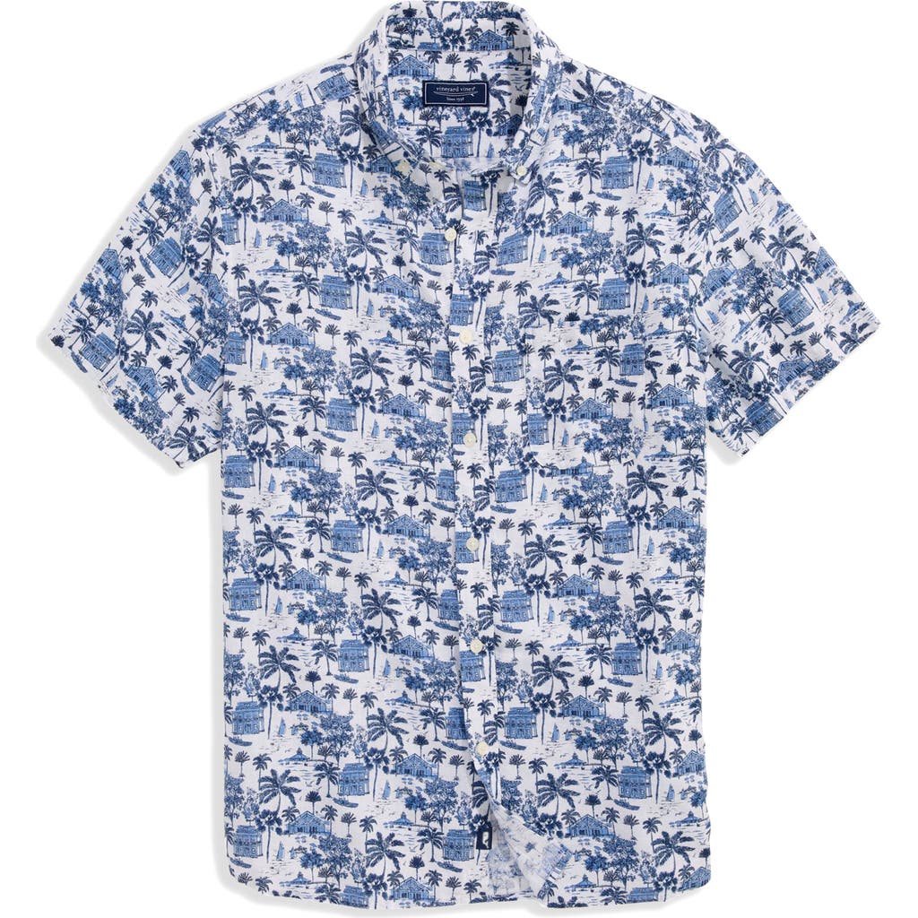 Vineyard Vines Gasparilla Scenic Print Short Sleeve Linen Blend Button-down Shirt