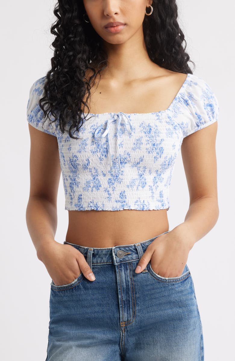 BP. Smocked Crop Top, Main, color, White- Blue Summer Toile