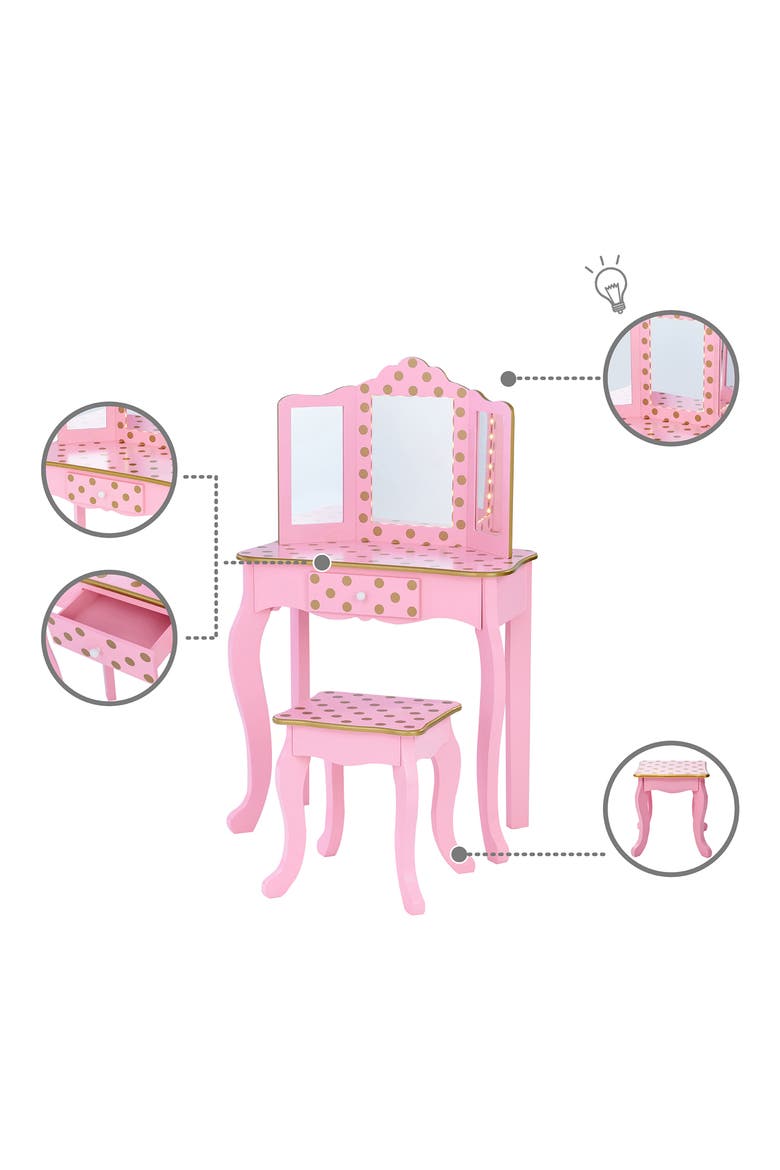 Fantasy Fields Fashion Gisele Polka Dot Vanity & Stool, Alternate, color, PINK / GOLD