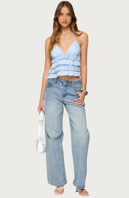 Edikted Tiered Ruffle Backless Striped Halter Top In Blue