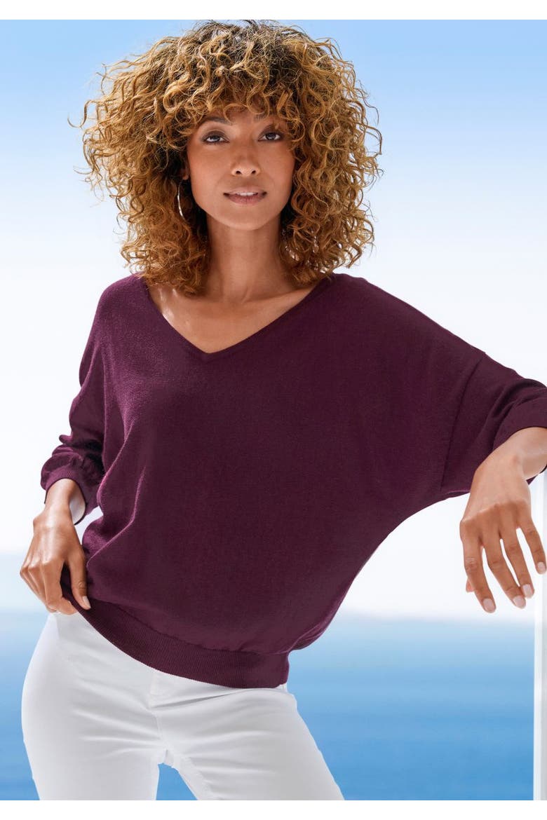 Drop Shoulder V-Neck Sweater, Alternate, color, Wine