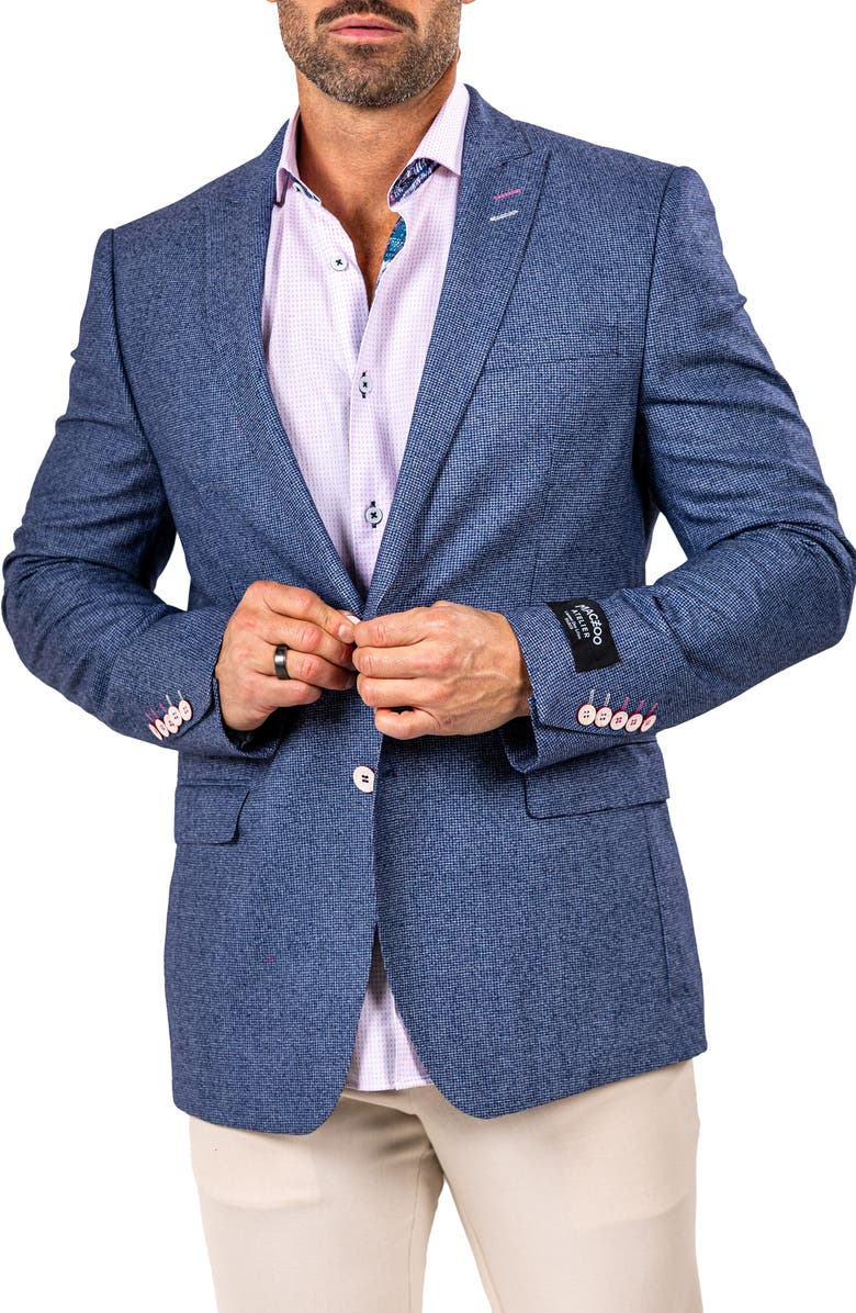 Maceoo Descartes Marthyr0010 Blue Microcheck Virgin Wool Peak Lapel Blazer, Alternate, color, Blue