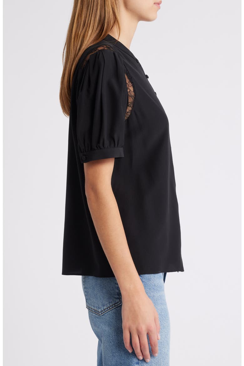 Lace Inset Silk Button-Up Shirt, Alternate, color, BLACK