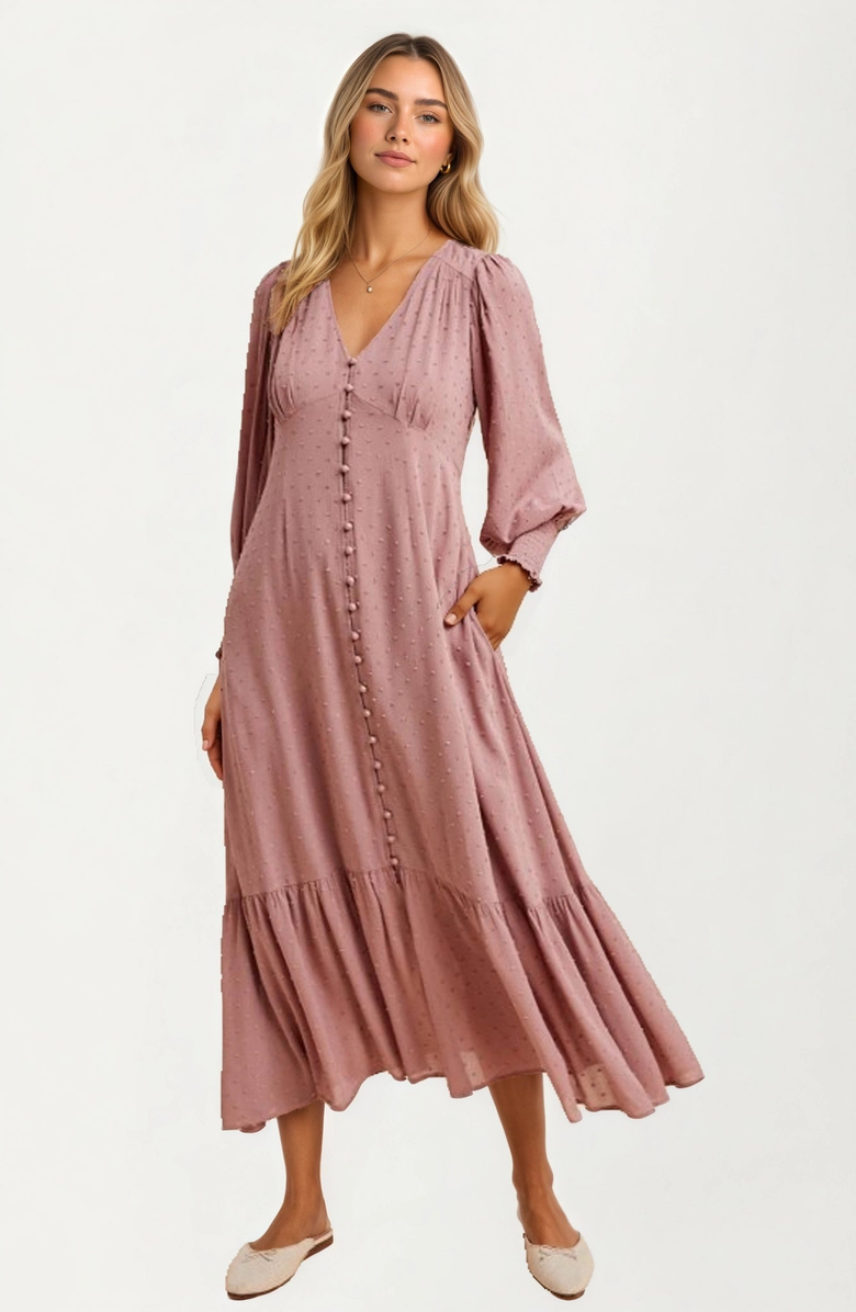 Knit and Lounge Button Front Puff Sleeve Maxi Dress, Alternate, color, Pink