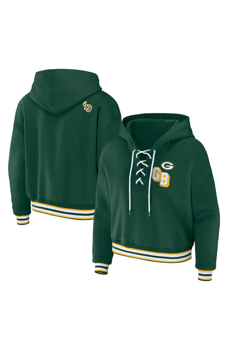 WEAR by Erin Andrews Women's WEAR by Erin Andrews Green Green Bay Packers Plus Size Lace-Up Pullover Hoodie, Main, color, Green