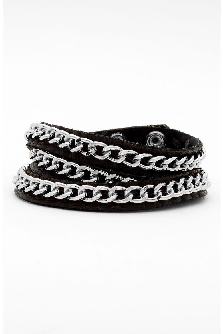 Leather Wrap Bracelet, Main, color, BLACK/ SILVER