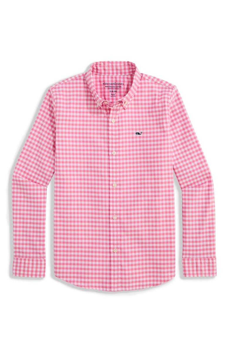 Kids' Skysail Gingham Performance Cotton Button Down Shirt, Main, color, BAHAMA BREEZE