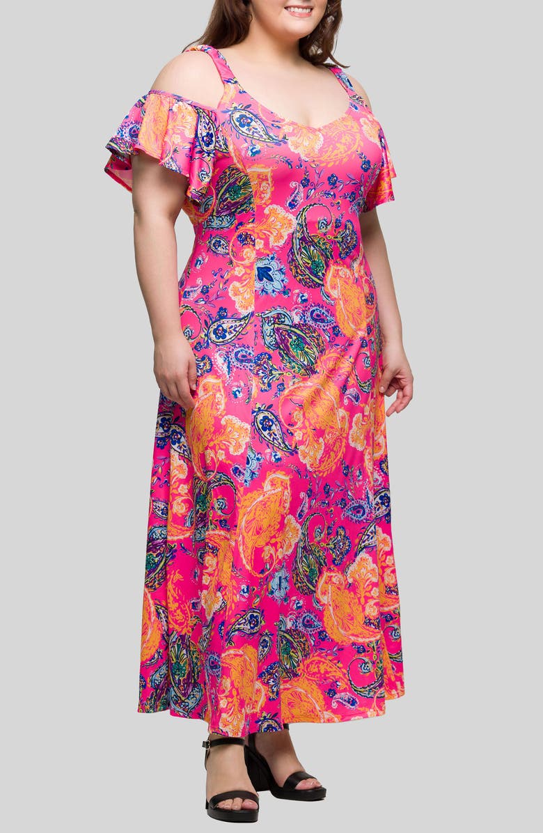 24seven Comfort Apparel Printed Cold Shoulder Jersey Maxi Dress, Alternate, color, Pink Multi