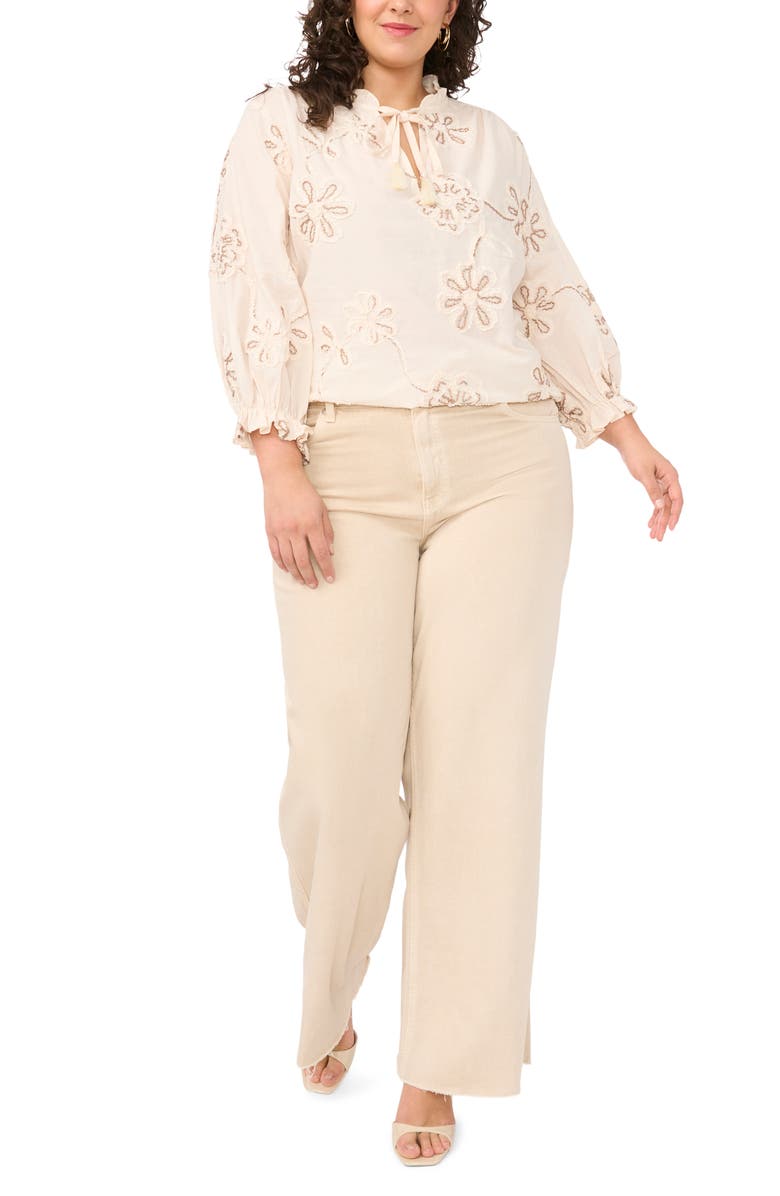 Vince Camuto Flower Appliqué Tie Neck Top, Alternate, color, New Ivory