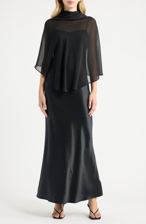 Lilibeth Silk Charmeuse Slipdress & Chiffon Cape Set