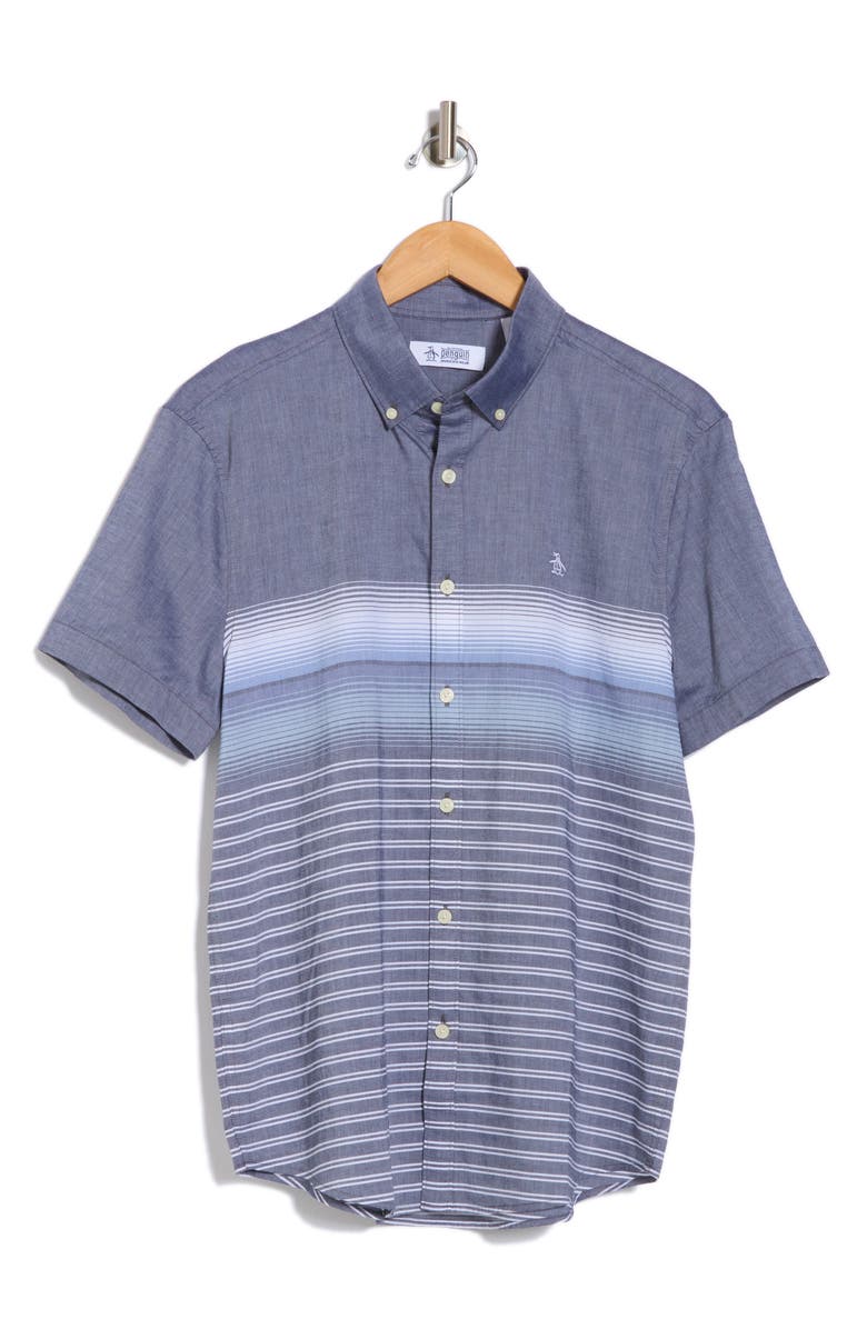 Original Penguin Gradient Stripe Short Sleeve Cotton Button-Up Shirt, Alternate, color, Dark Sapphire