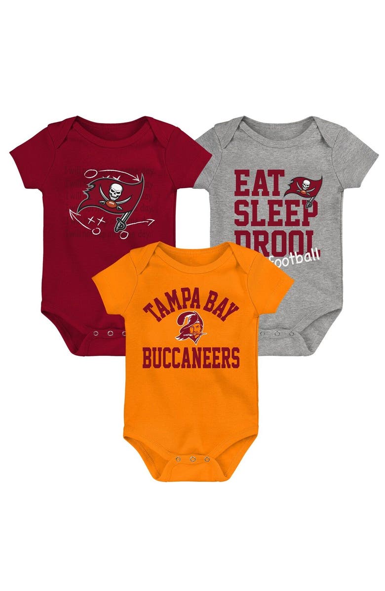 Outerstuff Newborn & Infant Red/Orange/Heather Gray Tampa Bay Buccaneers Three-Pack Eat, Sleep & Drool Retro Bodysuit Set, Main, color, 