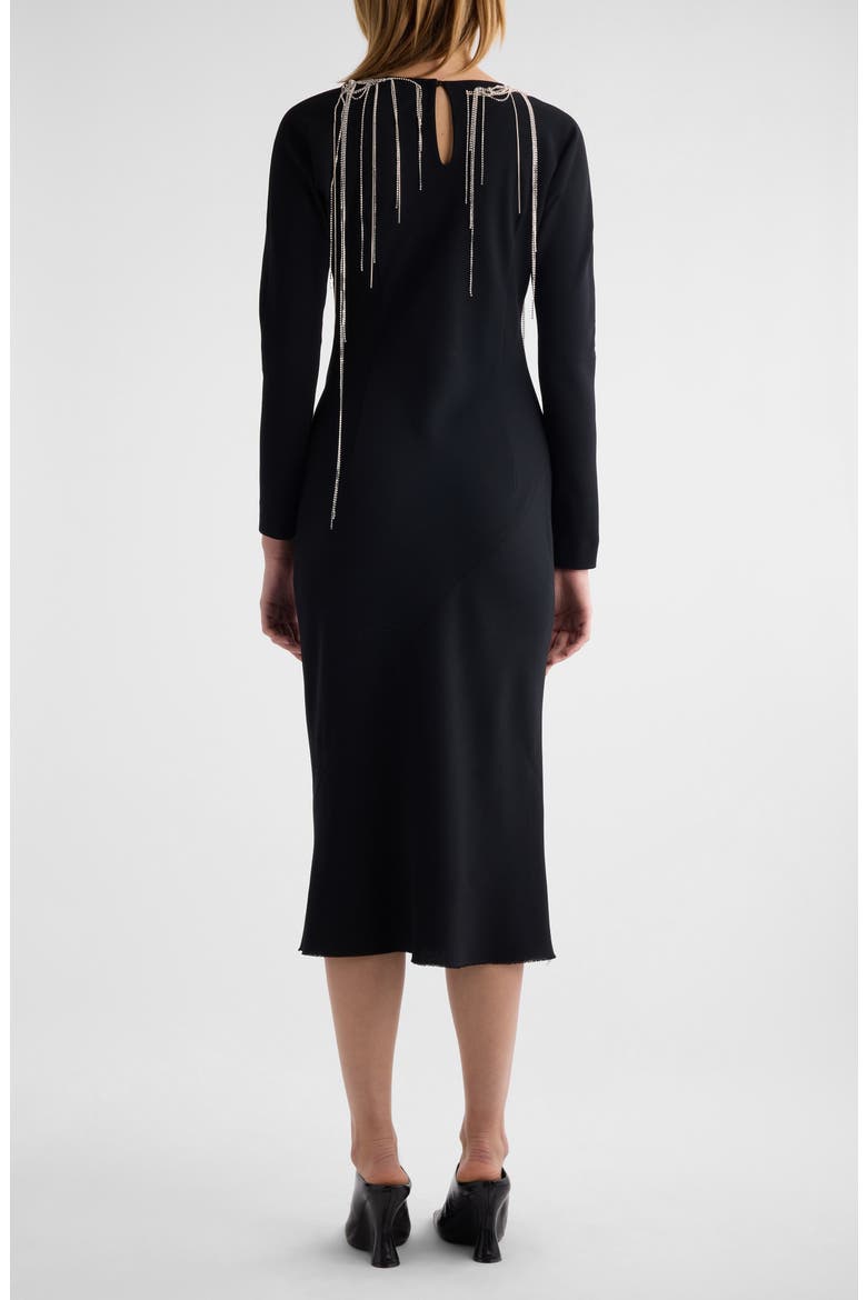 Davion Crystal Chain Raw Hem Long Sleeve Midi Dress, Alternate, color, BLACK