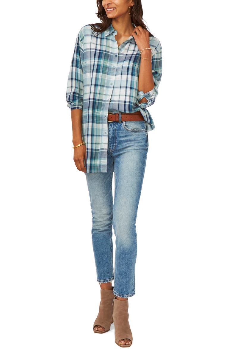 Vince Camuto Plaid Button-Up Tunic Top, Alternate, color, 