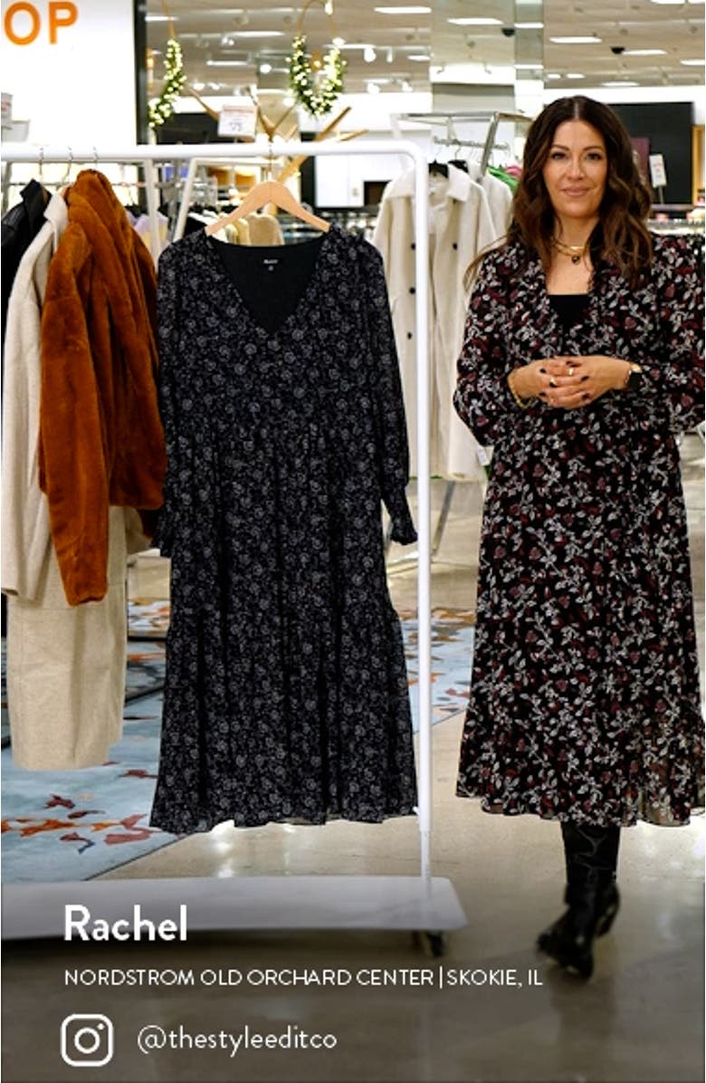 Enchanted Floral Long Sleeve Georgette V-Neck Tiered Midi Dress, sales video thumbnail