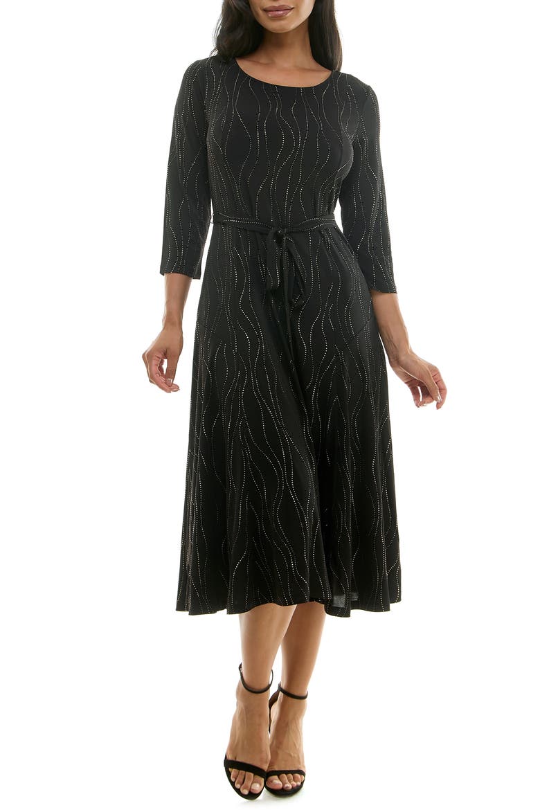 Sylvia Tie Waist A-Line Midi Dress, Main, color, BLACK/ GOLD