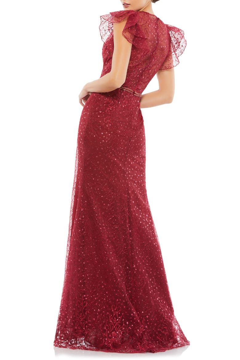 Embroidered Ruffle Sleeve Tulle Trumpet Gown, Alternate, color, DEEP RED