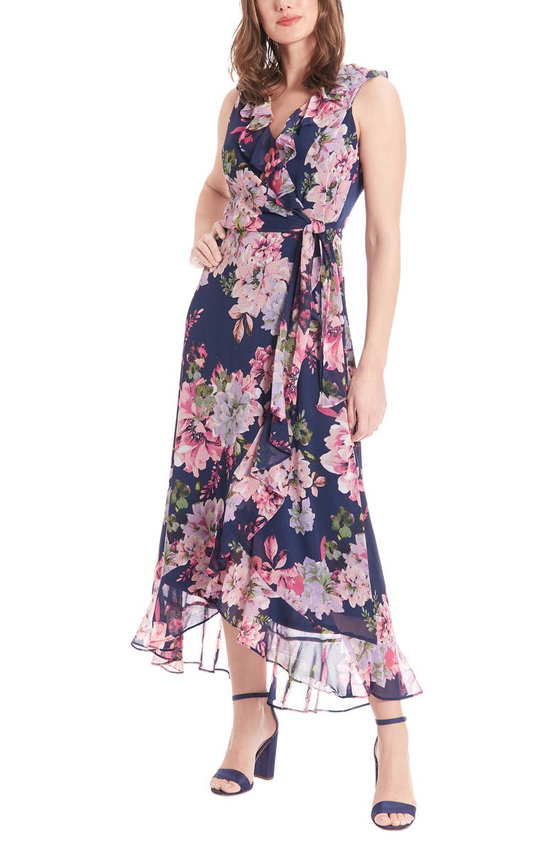 London Times Femme Floral Yoryu Ruffle Hem Dress, Main, color, Navy/ Pink