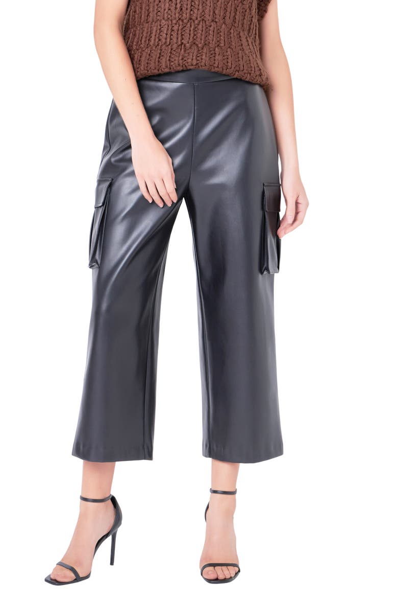 Faux Leather Crop Cargo Pants, Main, color, BLACK
