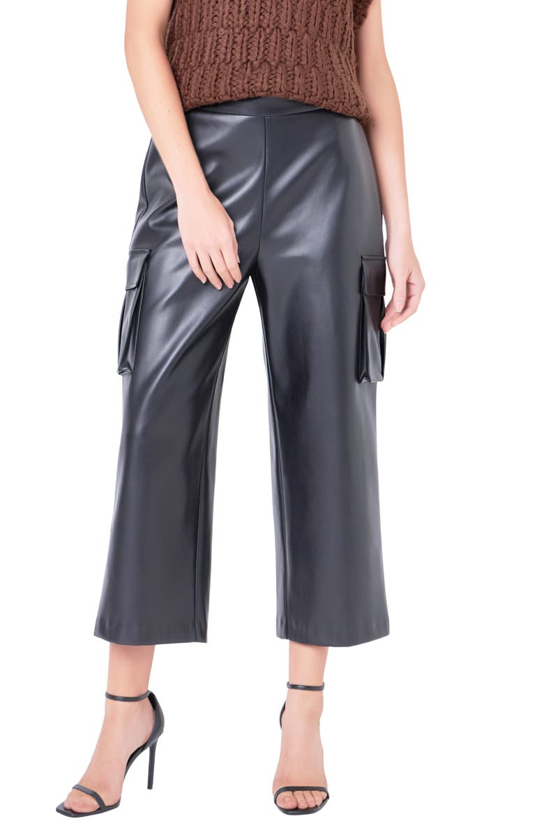 English Factory Faux Leather Crop Cargo Pants, Main, color, Black