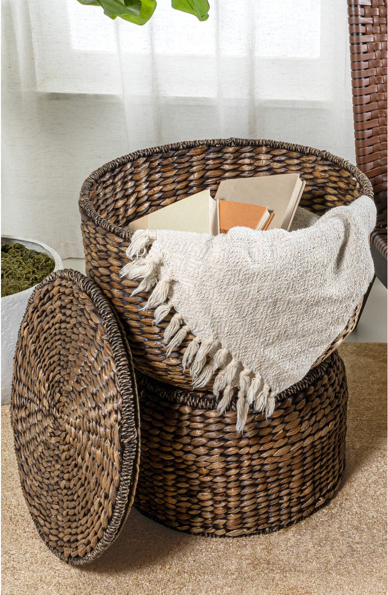 HAPPIMESS Bhola Hourglass Handwoven Hyacinth Storage Accent Table with Lid, Alternate, color, Brown Wash