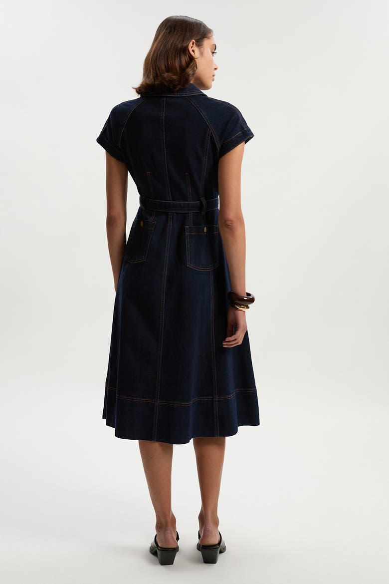 Button Up Belted Denim Midi Dress, Alternate, color, Dark Blue