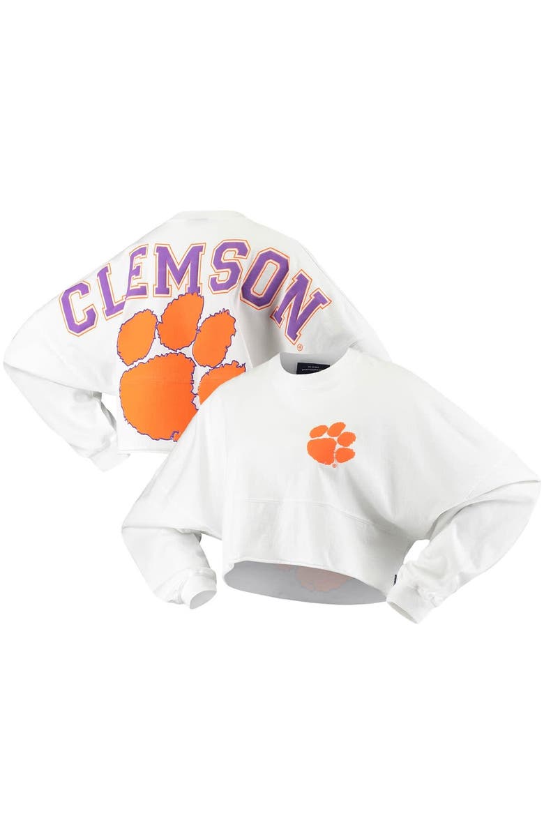 SPIRIT JERSEY Women's White Clemson Tigers Raw Hem Cropped Spirit Jersey Long Sleeve T-Shirt, Main, color, White