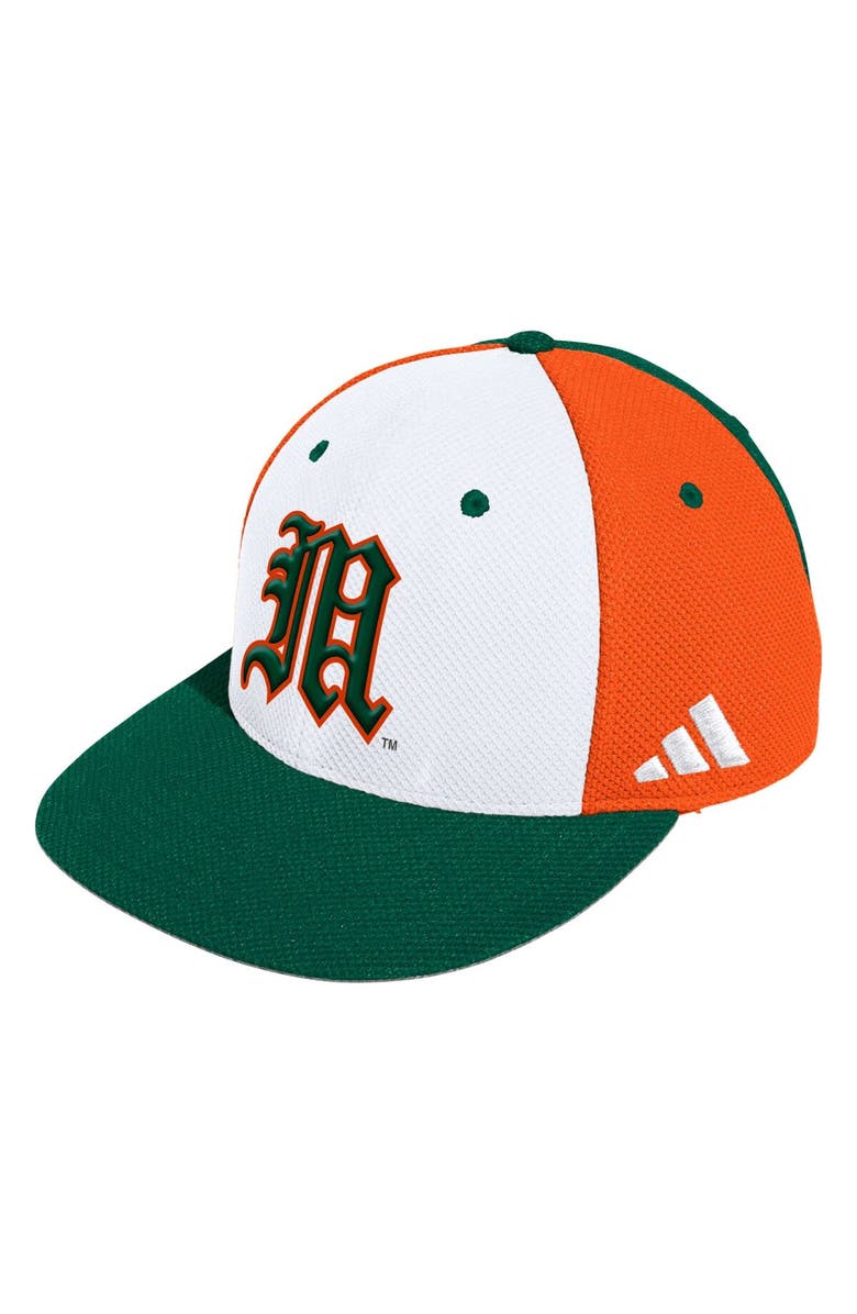 adidas Men's adidas White Miami Hurricanes On-Field Baseball Fitted Hat, Main, color, 