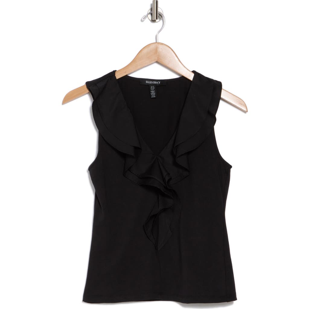 Ellen Tracy Mixed Media Ruffle Tank In Black