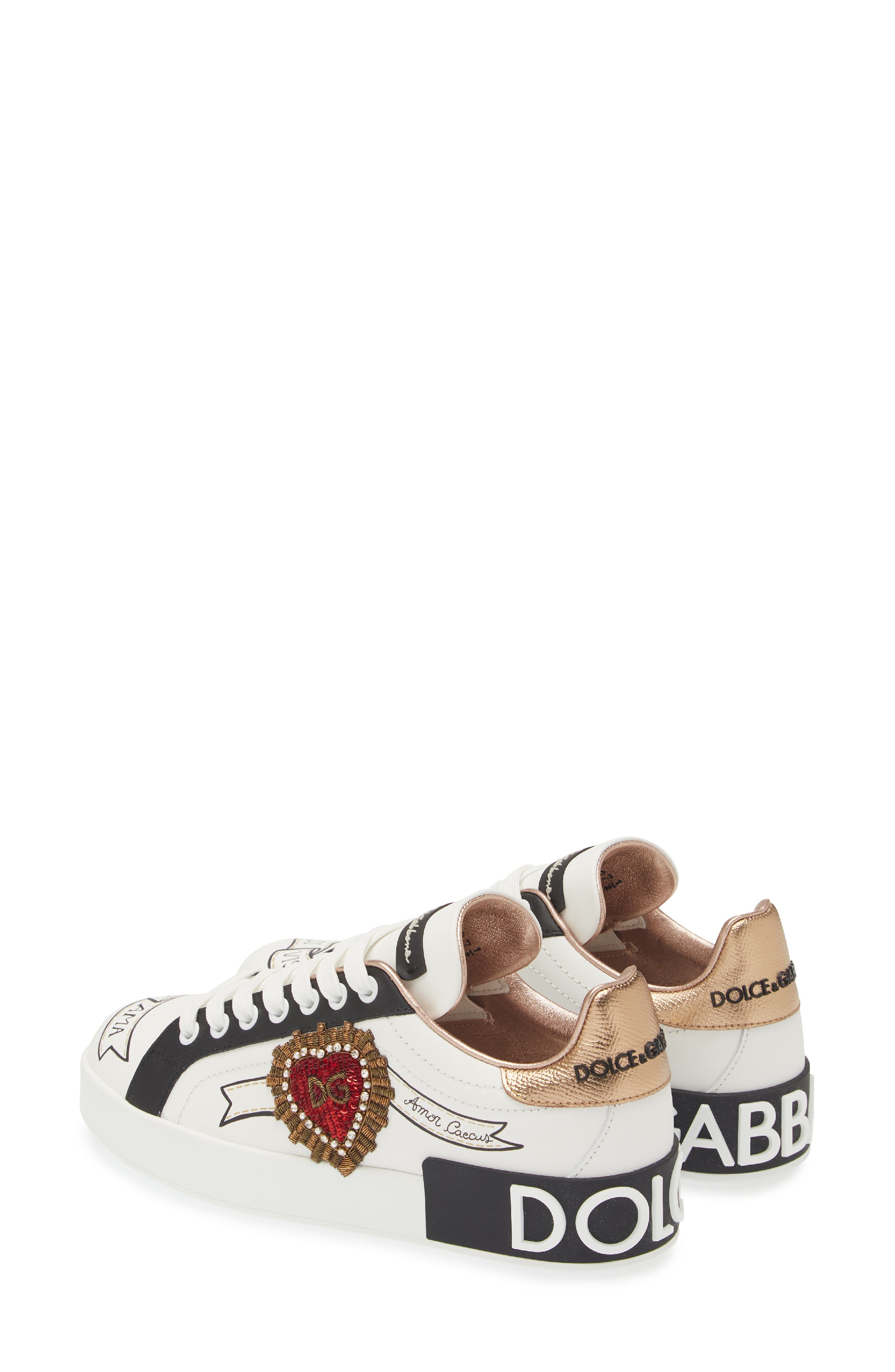 Dolce&Gabbana Portofino Embellished Leather Sneaker, Alternate, color, Embroidery- White/ Gold