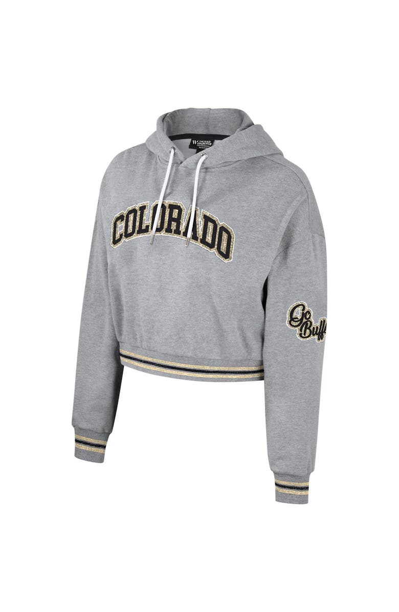 THE WILD COLLECTIVE Women's The Wild Collective Heather Gray Colorado Buffaloes Cropped Shimmer Pullover Hoodie, Alternate, color, 