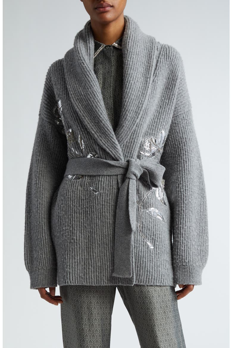 Embellished Virgin Wool Belted Cardigan, Main, color, GREY MELANGE