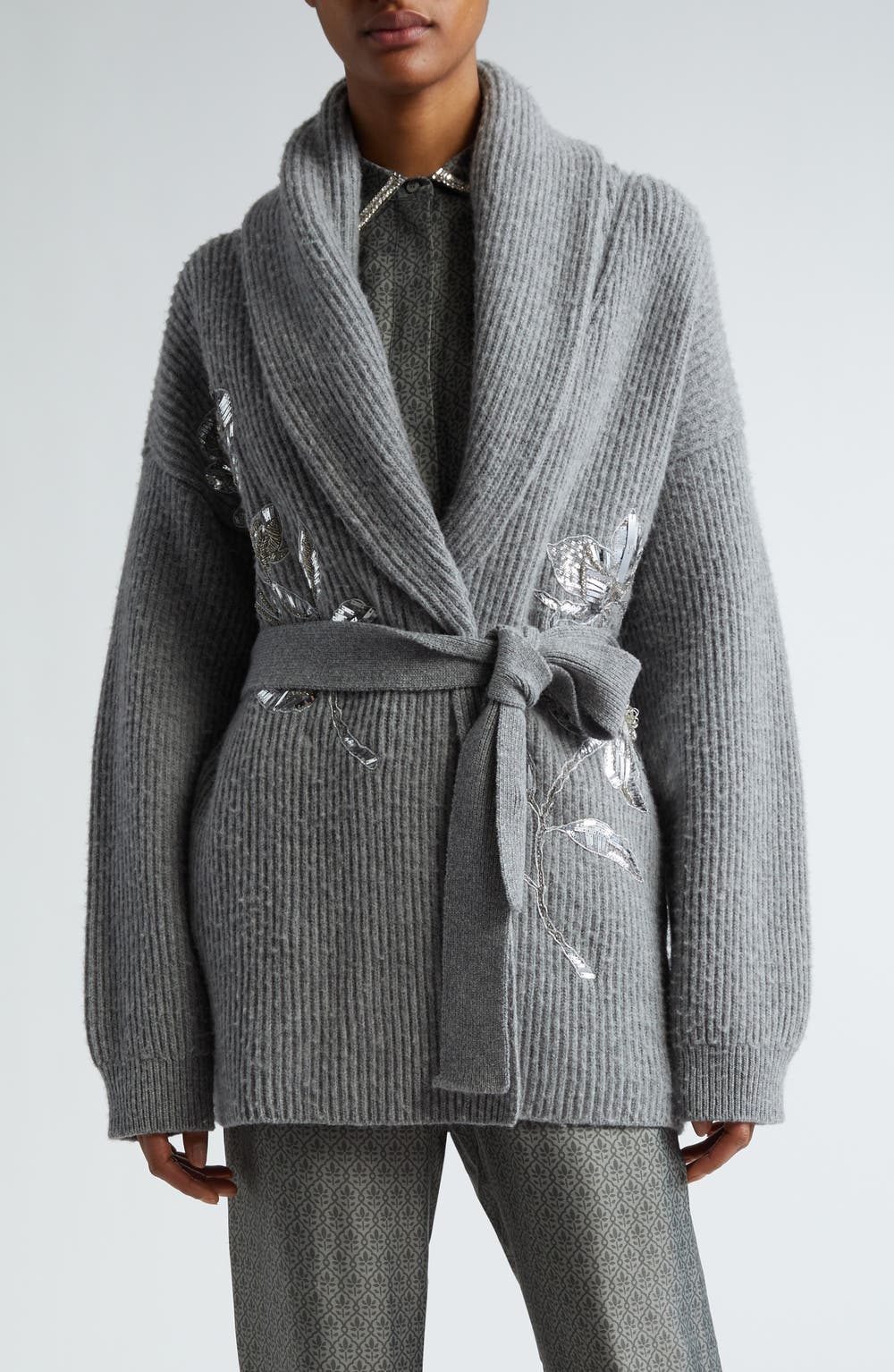 Embellished Virgin Wool Belted Cardigan, color, GREY MELANGE