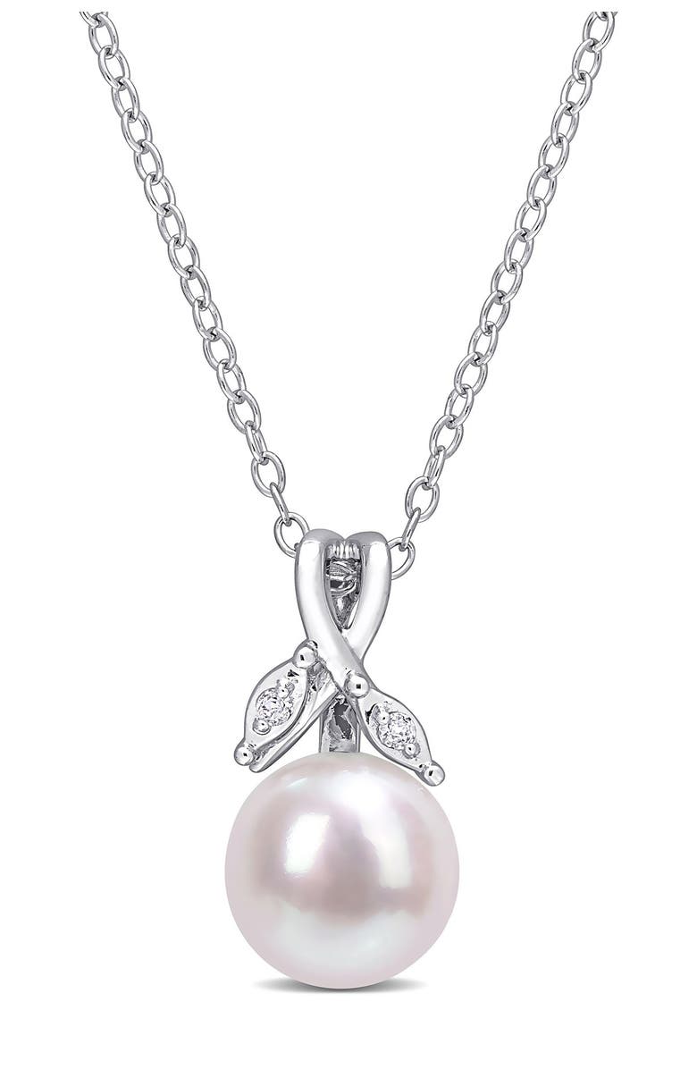 DELMAR Sterling Silver 8mm Cultured Freshwater Pearl & Diamond Pendant - 0.02 ctw, Main, color, 
