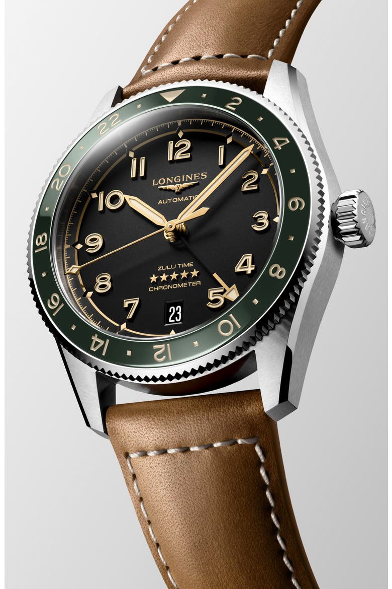 Spirit Zulu Time GMT Automatic Leather Strap Watch, 39mm, Alternate, color, BLACK/ ANTHRACITE
