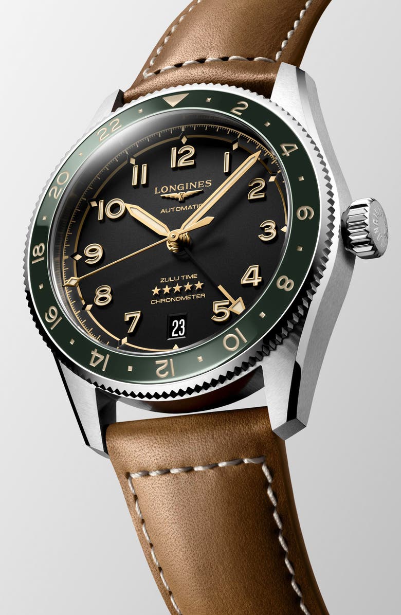 Longines Spirit Zulu Time GMT Automatic Leather Strap Watch, 39mm, Alternate, color, Black/ Anthracite