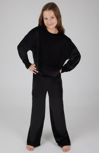 90 Degree By Reflex Kids' Velour Crew Pullover & Wide Leg Pants Set In Black