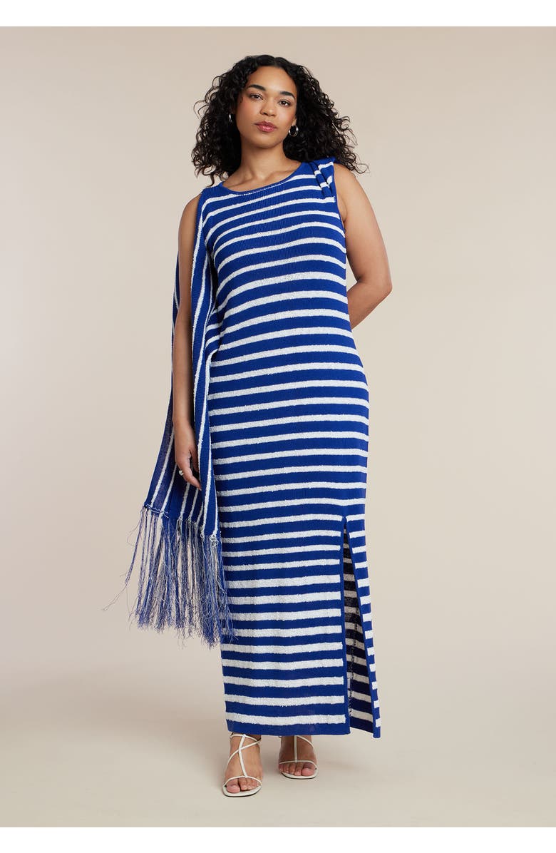 ELOQUII Fringe Detail Striped Knit Maxi Dress, Alternate, color, Blue White Stripe