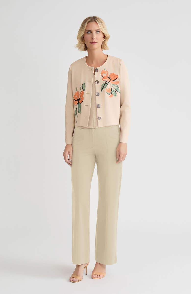 Misook Heritage Floral Embroidered Flat Knit Cardigan, Alternate, color, Biscotti/Mystic Green